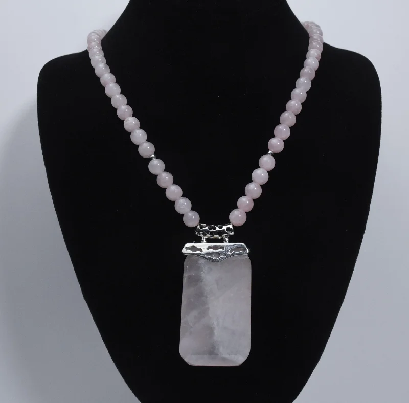 Ladies polished work necklaces -Rose Quartz Pendant Rose Quartz Bead Necklace