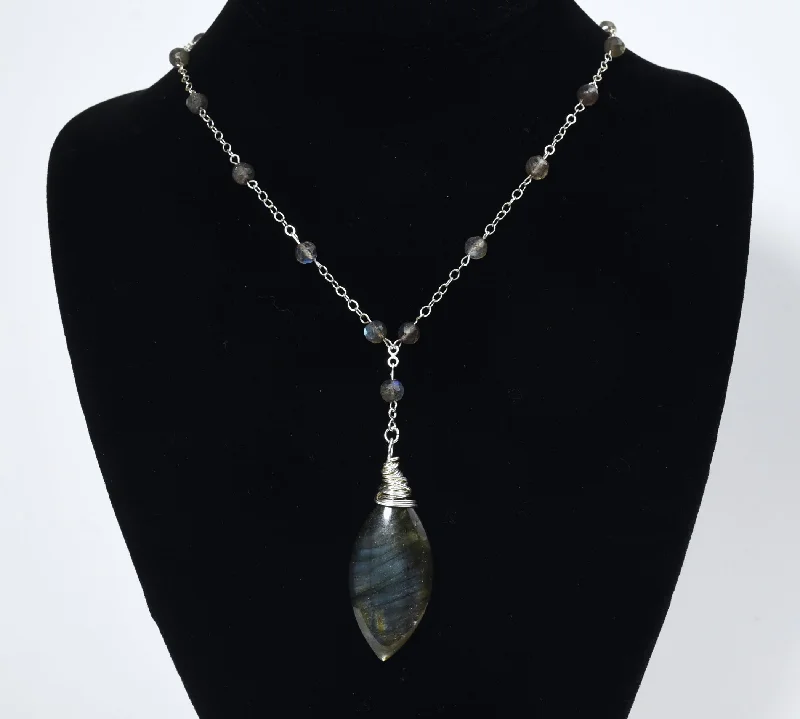 Ladies bar dangle necklaces -Labradorite Drop Pendant Sterling Silver Beaded Station Necklace