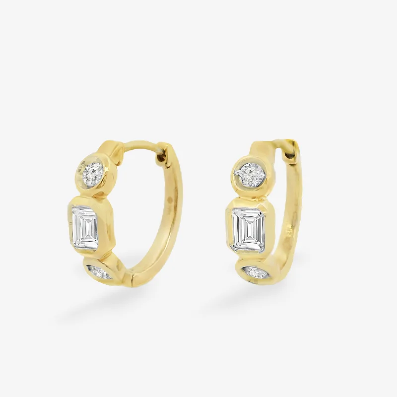 Ladies Earrings for Grad Glow-Bezel Set Emerald Cut & Round Huggie Earrings