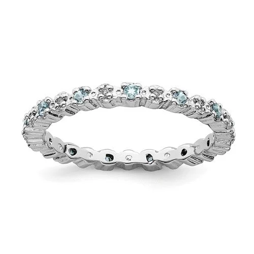 Ladies Rings with Soft Morganite-Sterling Silver Stackable Expressions Light Aquamarine & Diamond Alternating Eternity Ring