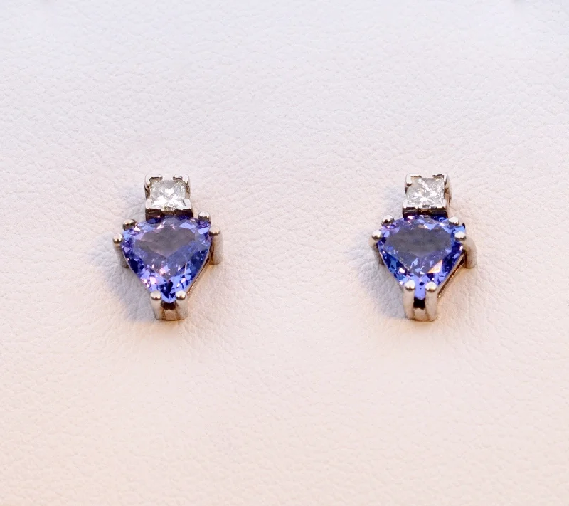 Ladies Earrings with Cloud Spark-14K white gold Tanzanite stud earrings with square Diamonds