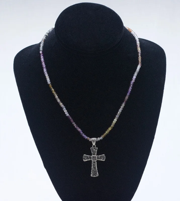 Ladies equine spirit necklaces -Sterling Silver Crucifix on Quartz Varieties Multicolor Beaded Necklace - 18" - BROKEN CLASP