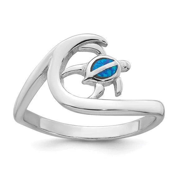 Ladies Rings with Cross Glow-Sterling Silver Blue Created Opal Turtle on Wave Ring