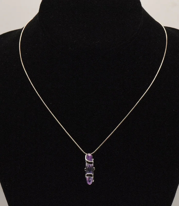 Ladies commanding bold necklaces -Bluish Purple Cut Glass Sterling Silver Pendant on Sterling Silver Italian Snake Link Chain Necklace - 16.5"