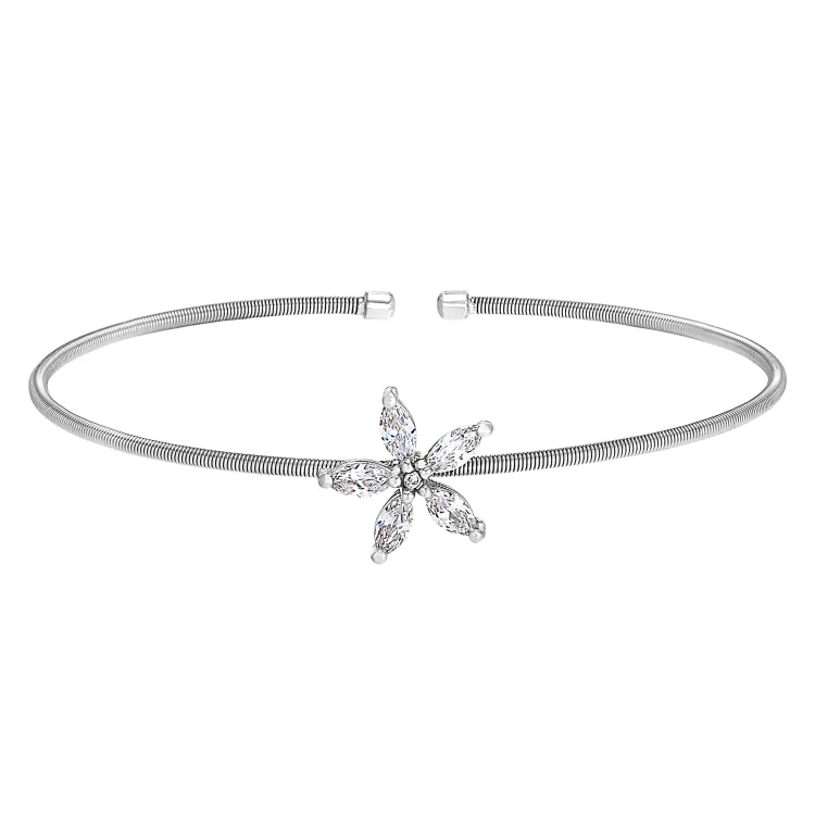 Chakra alignment bracelets -Rhodium Finish Sterling Silver Cable Cuff Flower Bracelet with Simulated Diamonds