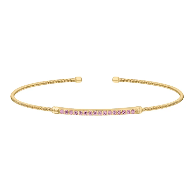 Lively spirit bracelets -Gold Finish Sterling Silver Cable Cuff Bracelet with Simulated Pink Sapphire Birth Gems - October