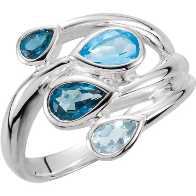 Ladies Rings for Holiday Glow-Sterling Silver Sky Blue, London Blue & Swiss Blue Topaz Bypass Ring