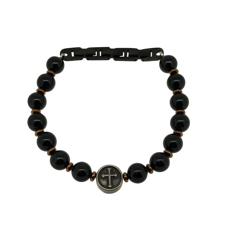 Glittering spark bracelets -Black Beaded Stone Bracelet With Stainless Steel Cross