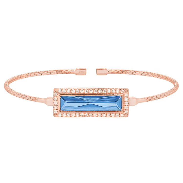 Solar burst bracelets -Rose Gold Finish Sterling Silver Cable Cuff Bracelet with Rectangular Simulated Blue Topaz Stone and Simulated Diamonds