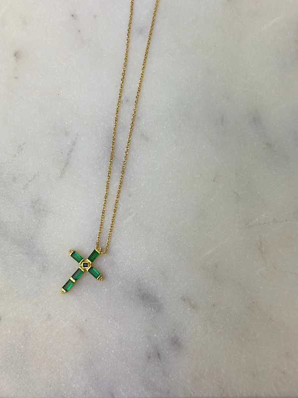 Ladies cultural heritage necklaces -Necklace - Green Gemstone Cross On Gold Chain