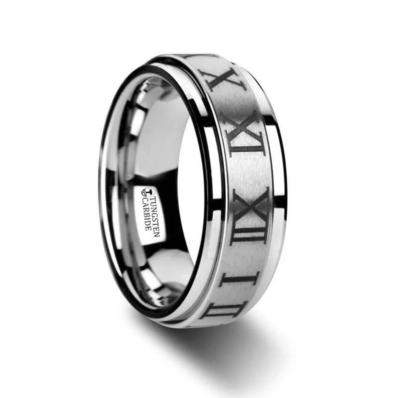 Ladies Rings with Flame Glow-Thorsten IMPERIUS Roman Numeral Raised Center Brush Finish Tungsten Carbide Spinner Ring - 8mm