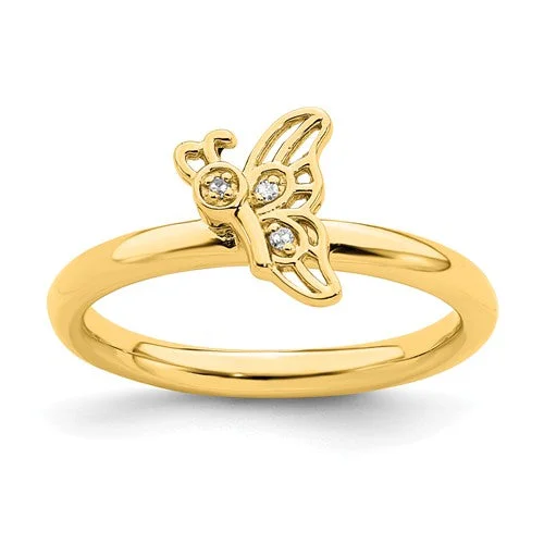 Ladies Rings Thick Glow-Yellow Gold Plated Sterling Silver Stackable Expressions Diamond Butterfly Ring