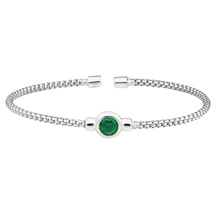 Sleek bangle bracelets -Rhodium Finish Sterling Silver Rounded Box Link Cuff Bracelet with Bezel Set Simulated Emerald Birth Gem