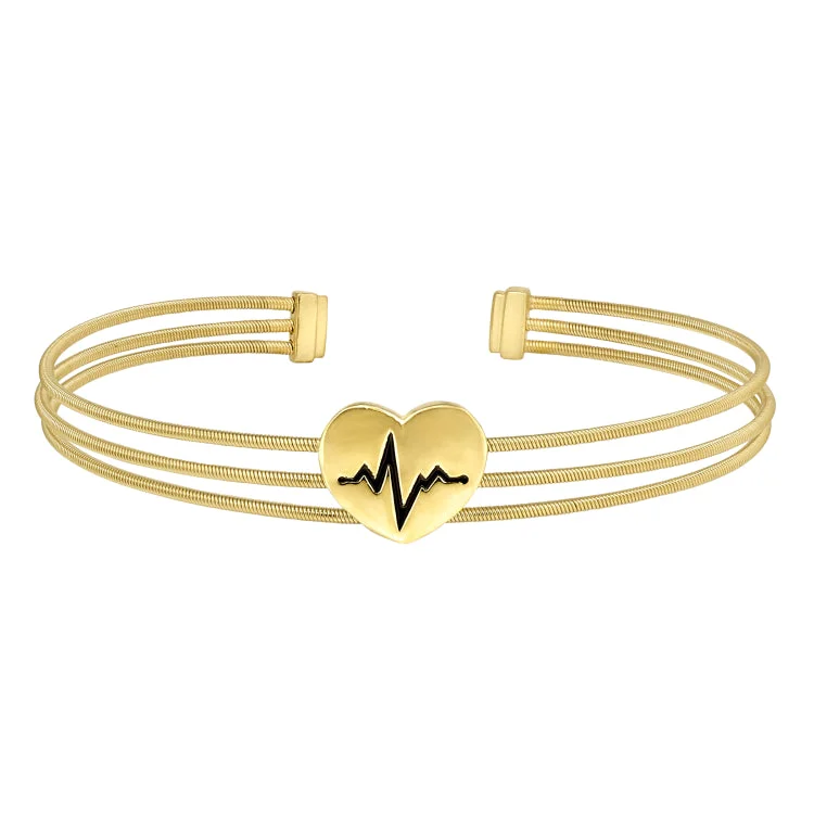 Playful acrylic bracelets -Gold Finish Sterling Silver Three Cable Cuff Bracelet with a Polished Heart with a Heartbeat Design.