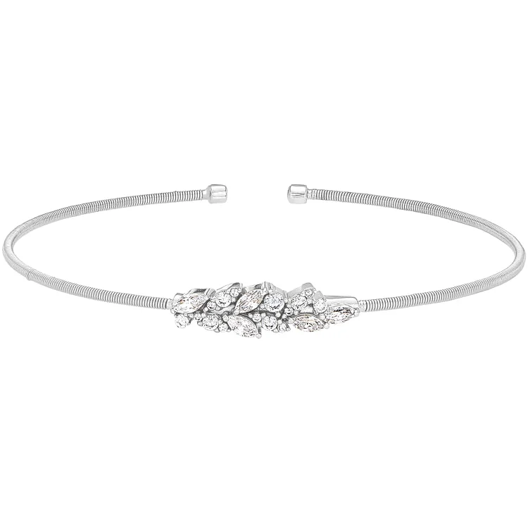 Soulful essence bracelets -Rhodium Finish Sterling Silver Cable Cuff Bracelet with Simulated Diamond Leaf Pattern