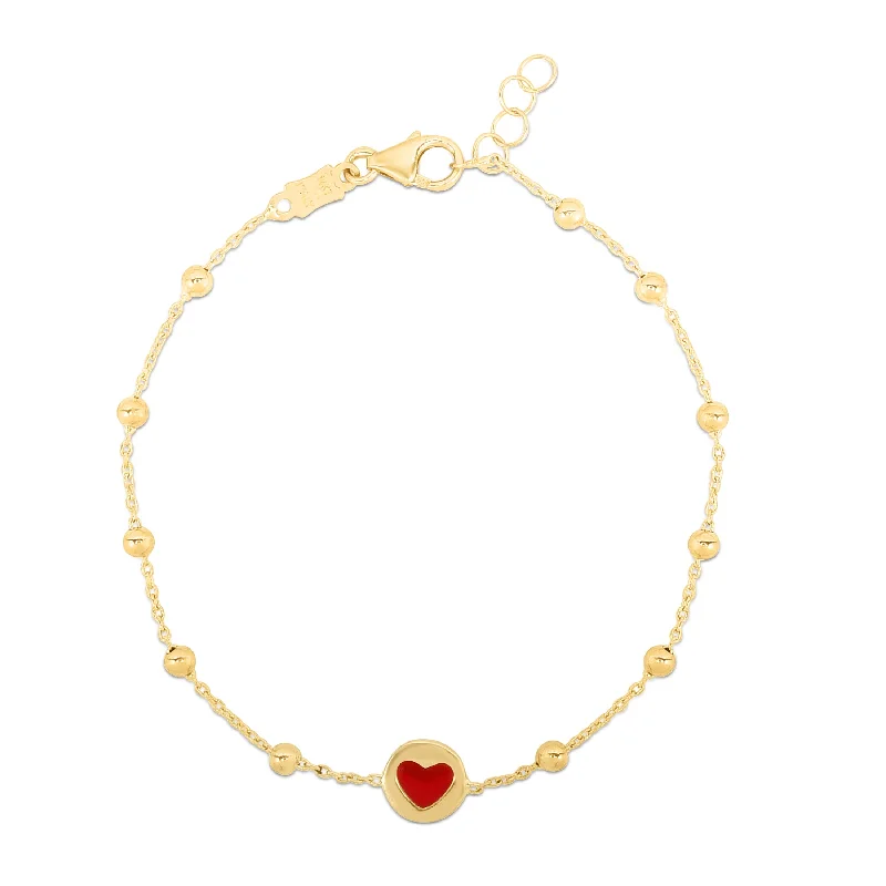 Rural charm bracelets -14K Gold Red Heart and Bead Bracelet