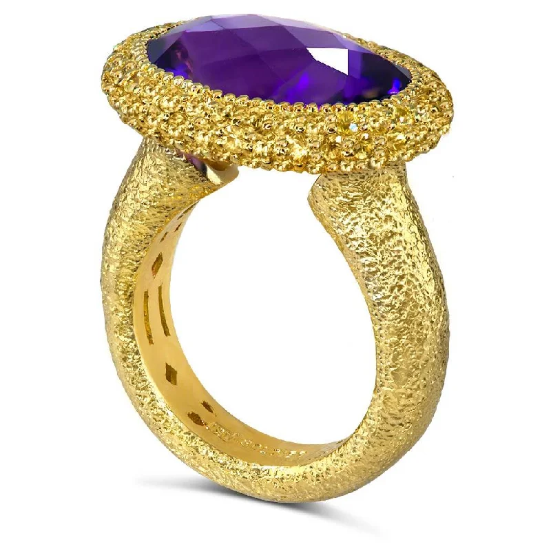 Ladies Rings with Moss Malachite-Gold Cocktail Ring with Amethyst & Yellow Sapphires