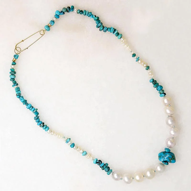 Ladies sister bond necklaces -Turquoise & Pearl Necklace with Safety Pin by Ancient Influences