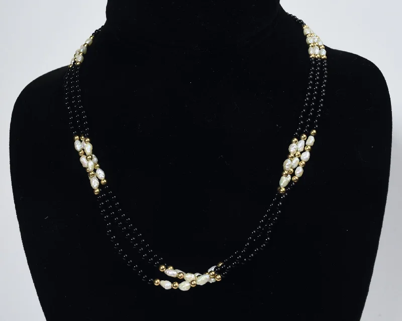 Ladies enchanted bloom necklaces -14k Gold, Black Onyx and Freshwater Pearl Triple Strand Necklace