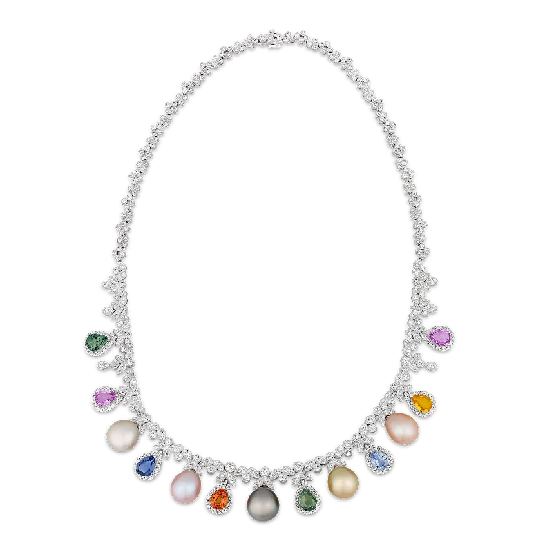 Ladies glowing warmth necklaces -Rainbow Sapphire, Pearl and Diamond Necklace