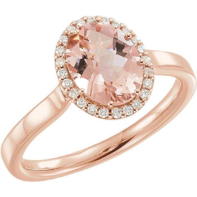 Ladies Rings with Cosmic Stone-14k Rose Gold Oval Morganite & 1/8 CTW Diamond Halo Ring