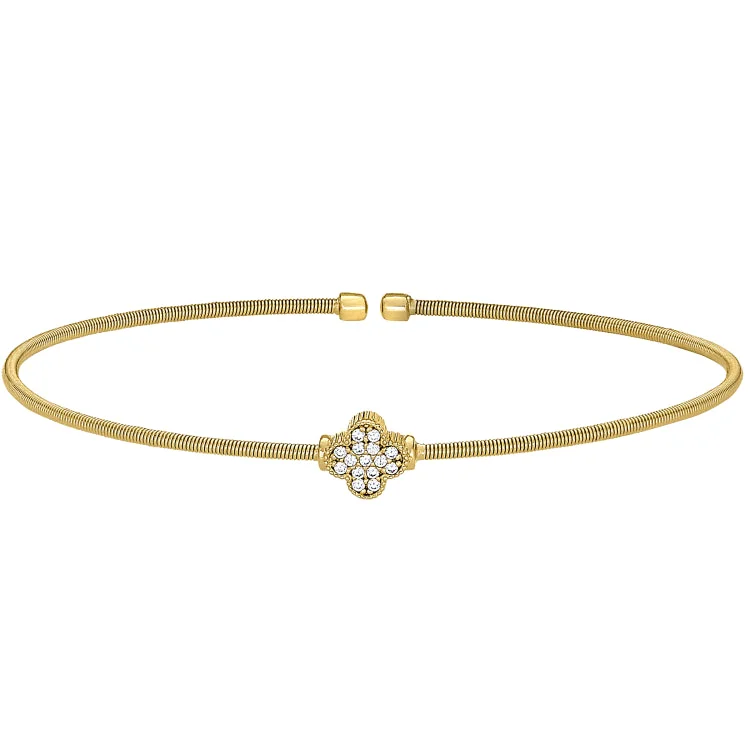 Sturdy steel bracelets -Gold Finish Sterling Silver Cable Cuff Bracelet with Simulated Diamond Clover Design