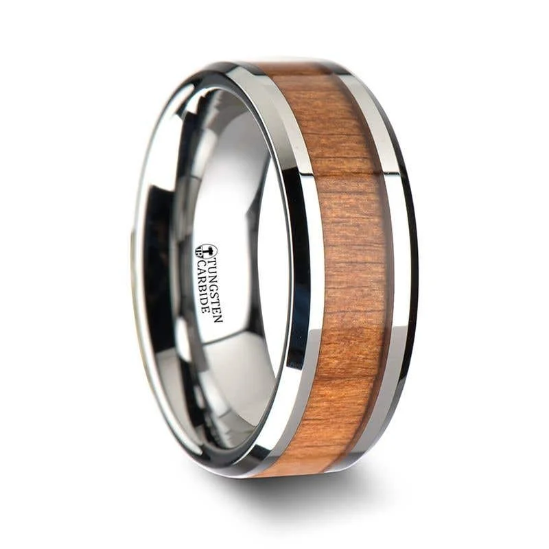 Ladies Engagement Rings with Turquoise Spark-Thorsten BRUNSWICK Tungsten Wedding Ring with Polished Bevels and American Cherry Wood Inlay - 6mm - 10mm