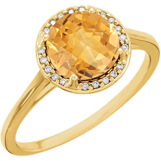 Ladies Rings with Cyan Richterite-14k Gold Genuine 8mm Round Citrine & .05 CTW Diamond Halo Ring