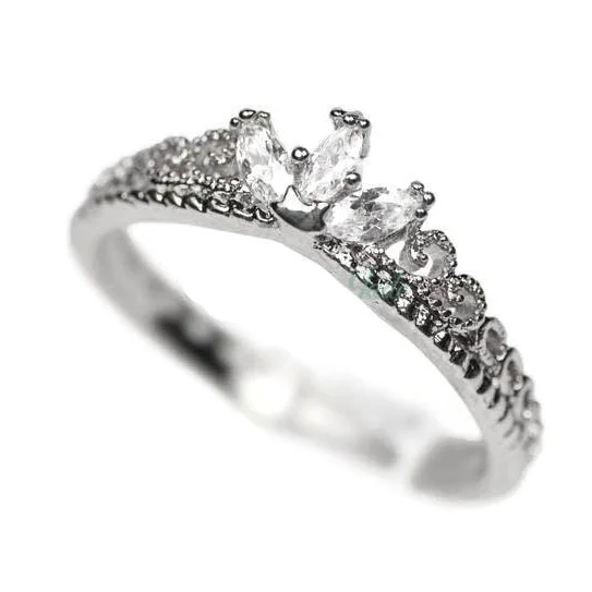 Ladies Rings with Flame Glow-White Gold Plated CZ Dainty Princess Crown Ring