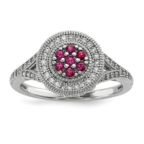 Ladies Rings for Doctor Spark-Sterling Silver White & Pink CZ Brilliant Embers Round Floral Halo Ring