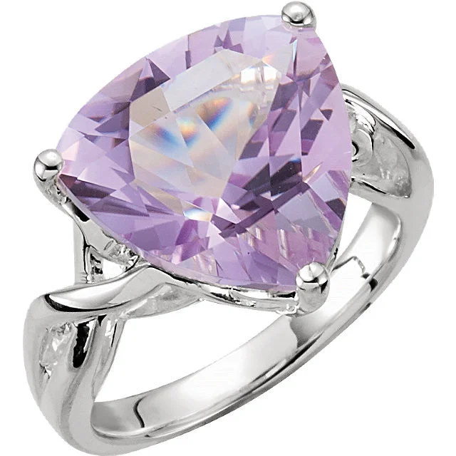 Ladies Rings for Sister Spark-Sterling Silver 14mm Rose De France Amethyst Quartz Trillion Ring