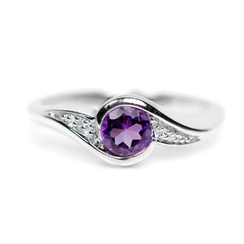 Ladies Rings for Evening Spark-Sterling Silver Round Amethyst and Diamond Ring