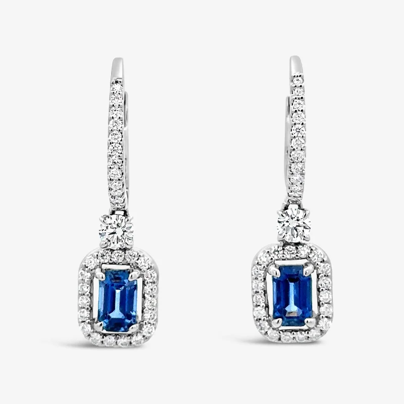 Ladies Earrings for Work Glow-Emerald Cut Sapphire & Diamond Dangle Earring