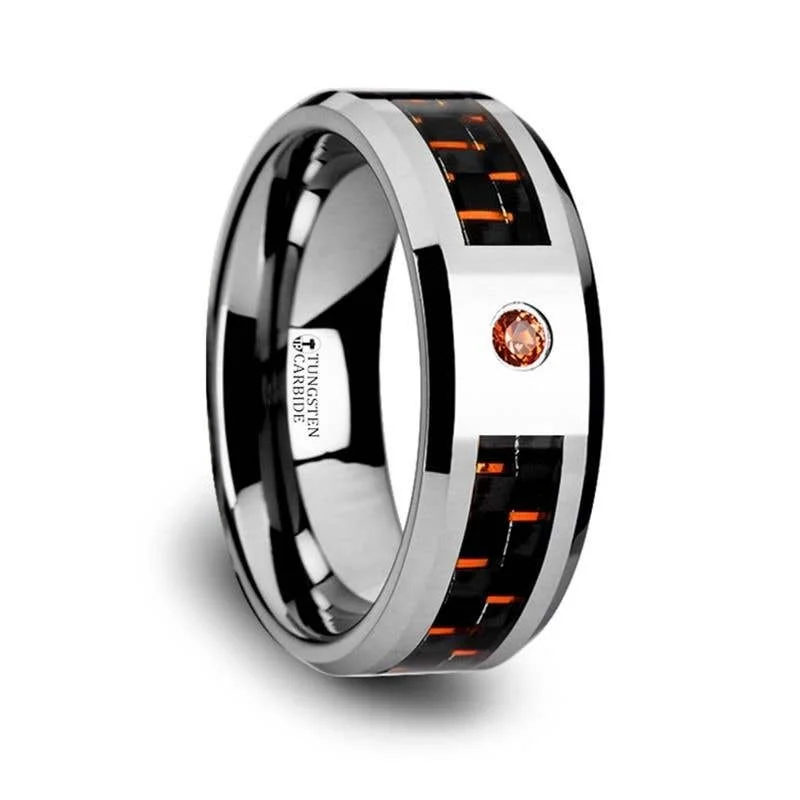 Ladies Rings in Rose Shine-Thorsten NOAH Tungsten Ring Black Orange Carbon Fiber Padparadscha Sapphire Setting - 8mm