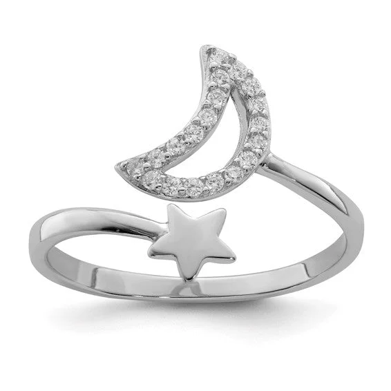 Ladies Rings with Orbit Gem-Sterling Silver CZ Moon And Star Ring