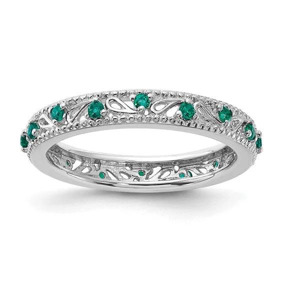 Sterling Silver Stackable Expressions Created Emerald Filigree Ring