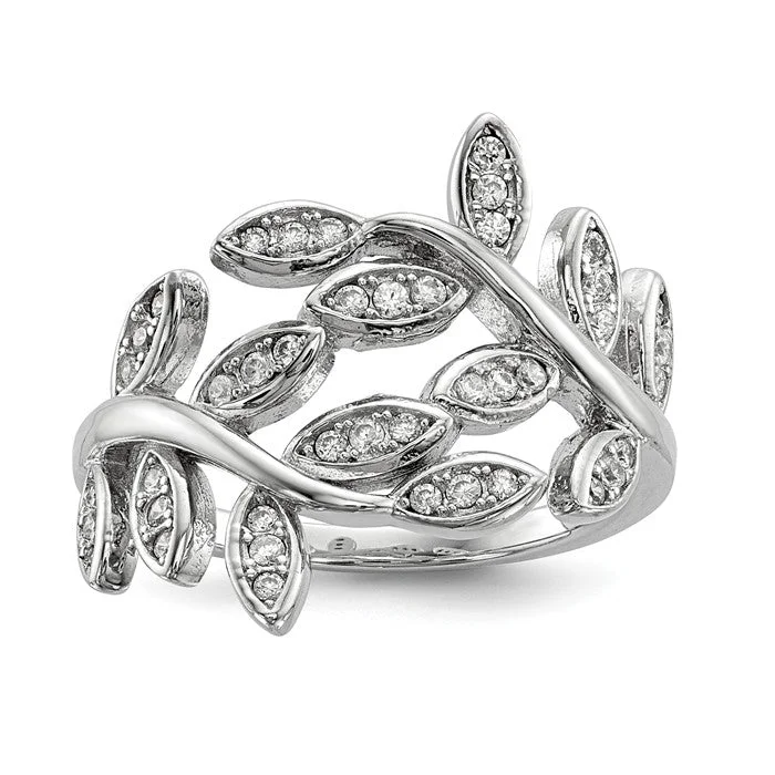 Ladies Rings for Party Spark-Sterling Silver Wrapped Leaves CZ Ring