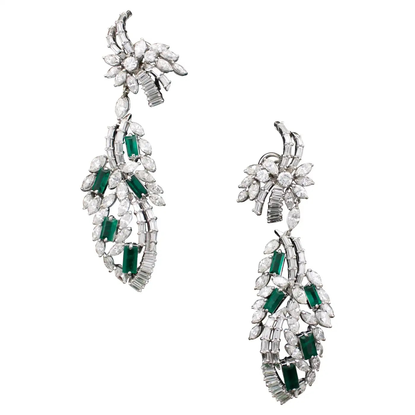 Ladies Earrings Timeless Shine-Circa 1950's Dangling Diamond and Emerald Earrings in Platinum