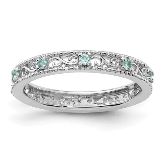 Ladies Rings Dual-Tone Glow-Sterling Silver Stackable Expressions Genuine Light Aquamarine Filigree Ring