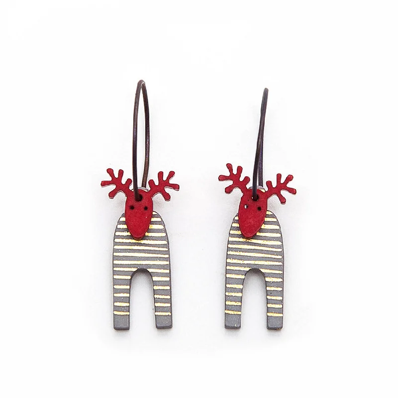 Ladies Earrings for Evening Spark-Lene Lundberg K-Form Grey Gold Striped/Red Head Reindeer Earrings