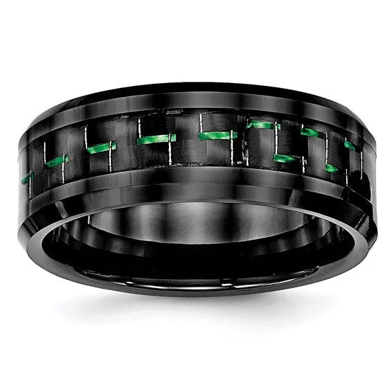 Ladies Rings Infinite Spark-Ceramic Black with Green Carbon Fiber Inlay Beveled Edge Ring