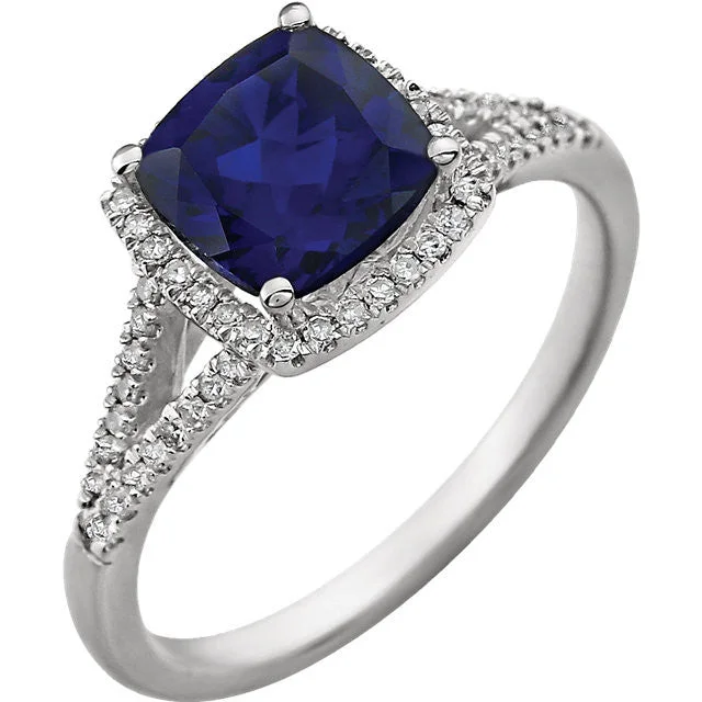 Ladies Rings Soft Shine-14K White Gold 7mm Cushion Cut Created Blue Sapphire & Diamond Halo Ring