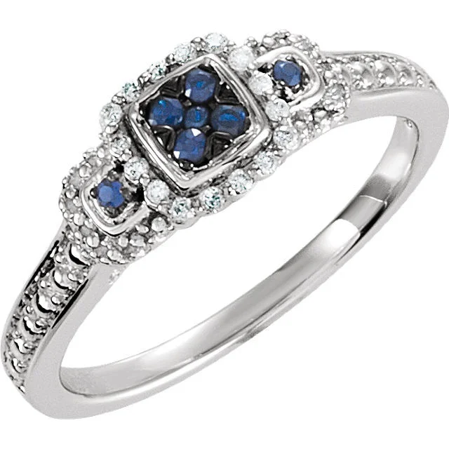 Ladies Rings Curved Glow-Sterling Silver Blue Sapphire & .06 CTW Diamond Multi Stone Halo Ring