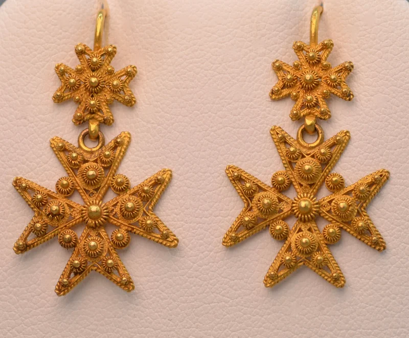 Ladies Earrings with Clear Zircon-15K yellow gold Etruscan Revival earrings, handmade details