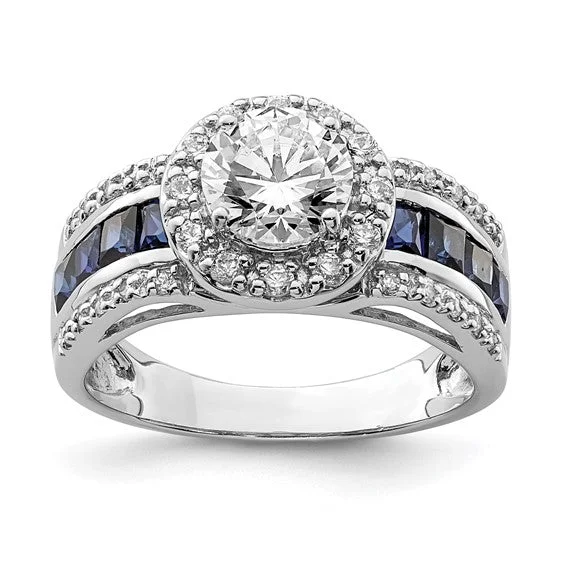 Ladies Rings Oval Spark-Sterling Silver Lab-Created Blue Sapphire & CZ Halo Ring