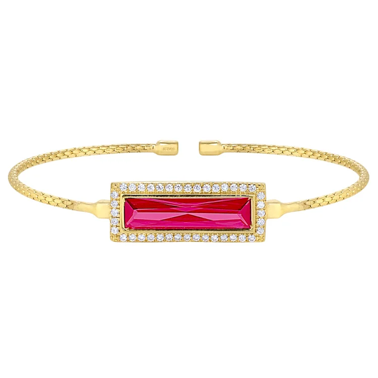 Airy feather bracelets -Gold Finish Sterling Silver Cable Cuff Bracelet with Rectangular Simulated Ruby Stone and Simulated Diamonds