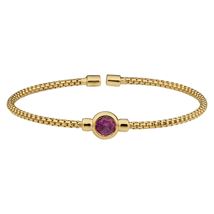 Rolling wave bracelets -Gold Finish Sterling Silver Rounded Box Link Cuff Bracelet with Bezel Set Simulated Ruby Birth Gem