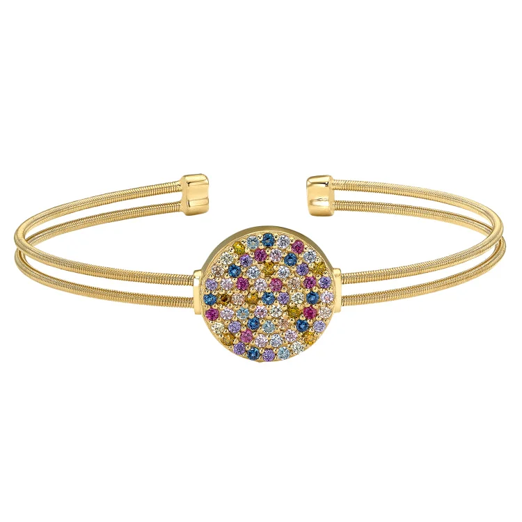 Robust chunky bracelets -Gold Finish Sterling Silver Two Cable Cuff Confetti Bracelet with Multi Colored Simulated Diamonds