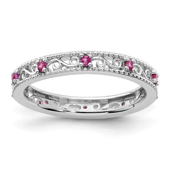 Ladies Rings Luxe Spark-Sterling Silver Stackable Expressions Created Ruby Filigree Ring