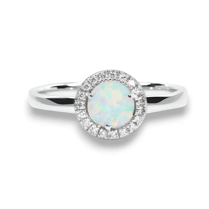 Ladies Rings for Date Glow-Sterling Silver Round Created White Opal CZ Halo Ring